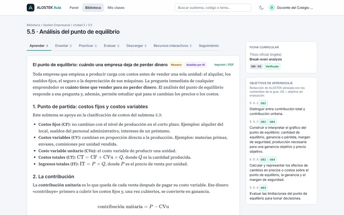 Subtema de Gestión Empresarial en ALOSTEK Aula